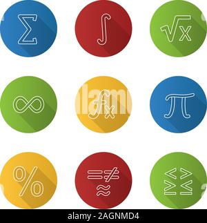 Mathematics flat linear long shadow icons set. Math symbols. Algebra. Vector outline illustration Stock Vector