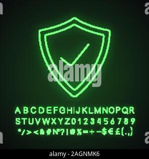 Security check neon light icon. Protection shield with tick mark. Glowing sign with alphabet, numbers and symbols. Vector isolated illustration Stock Vector