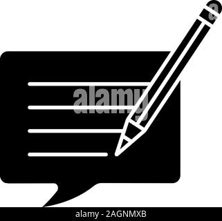 Writing message glyph icon. Chatting. Message editing. Communication. Speech bubble with pencil. Silhouette symbol. Negative space. Vector isolated il Stock Vector