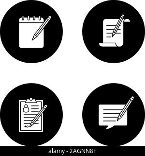 Writing with pencil glyph icons set. Paper scroll, notepad, signed document, writing message. Vector white silhouettes illustrations in black circles Stock Vector