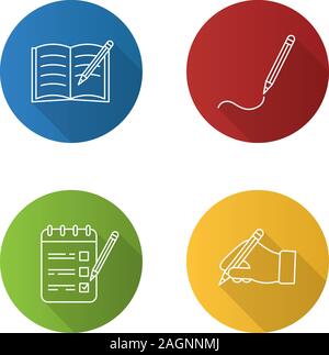 Writing with pencil flat linear long shadow icons set. Copy book, drawing, to do list, hand holding pencil. Vector outline illustration Stock Vector