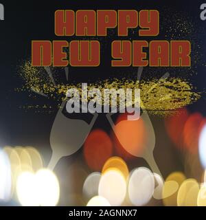 Happy New Year graphic illustration with glitter and gold, bokeh an wine glasses to celebrate the New Year. Stock Photo