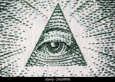 Macro shot of the ‘all-seeing eye' on the back of the United States one dollar bill Stock Photo