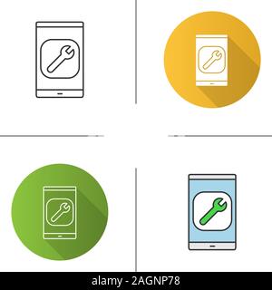 Smartphone settings icon. Phone display with spanner. Flat design, linear and color styles. Isolated vector illustrations Stock Vector