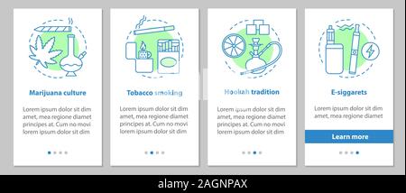 Smoking onboarding mobile app page screen with concepts. Marijuana culture, tobacco smoking, e-cigarettes, hookah tradition steps graphic instructions Stock Vector