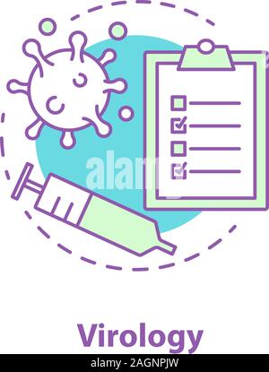 Virology concept icon. Science lab idea thin line illustration. Study of viruses. Medical tests checklist, syringe, virus cell. Vector isolated outlin Stock Vector