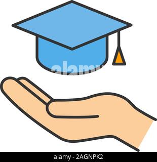 Accessible or free education color icon. Open hand with graduation cap. Getting diploma. Isolated vector illustration Stock Vector