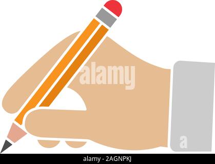 Hand holding pencil glyph color icon. Handwriting. Drawing. Taking notes. Silhouette symbol on white background with no outline. Negative space. Vecto Stock Vector