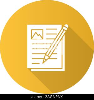 Writing essay flat linear long shadow icon. Typing text. Document with pencil. Vector outline symbol Stock Vector