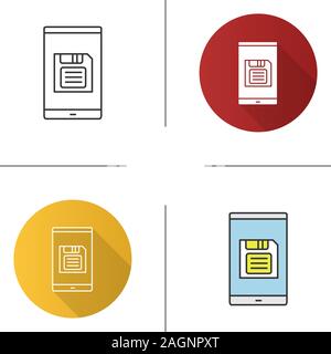 Smartphone screen with save button icon. Flat design, linear and color styles. Data saving. Isolated vector illustrations Stock Vector