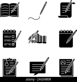 Writing with pencil glyph icons set. Handwriting. Notes, messages, documents. Silhouette symbols. Vector isolated illustration Stock Vector