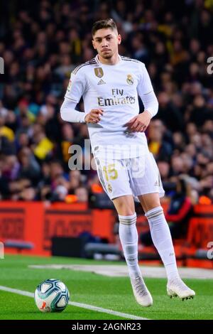 BARCELONA - DEC 18: Federico Valverde plays at the La Liga match between FC Barcelona and Real Madrid at the Camp Nou Stadium on December 18, 2019 in Stock Photo