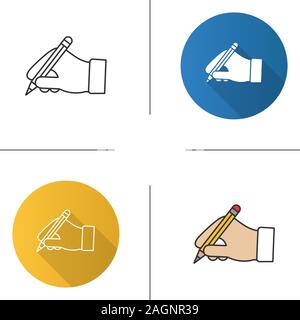 Hand holding pencil icon. Handwriting. Drawing. Taking notes. Flat design, linear and color styles. Isolated vector illustrations Stock Vector