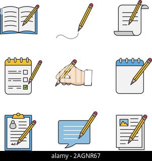 Writing with pencil color icons set. Handwriting. Notes, messages, documents. Isolated vector illustrations Stock Vector