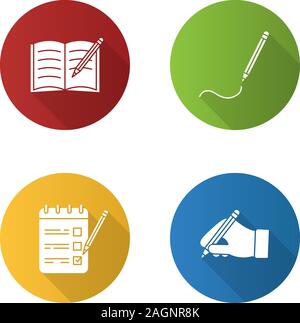 Writing with pencil flat design long shadow glyph icons set. Copy book, drawing, to do list, hand holding pencil. Vector silhouette illustration Stock Vector