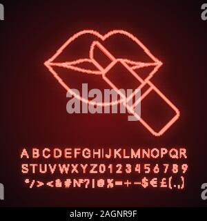 Lipstick with woman's lips neon light icon. Glowing sign with alphabet, numbers and symbols. Vector isolated illustration Stock Vector