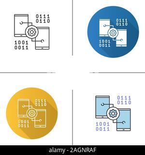 Smartphone settings icon. App development. Phones with cogwheel and binary code. Flat design, linear and color styles. Isolated vector illustrations Stock Vector