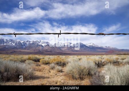 detail of barb wire fence strand with selective focus and mountains in the background Stock Photo