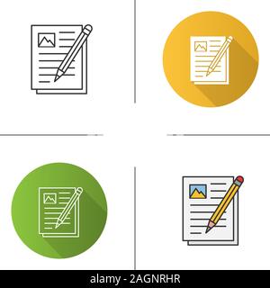 Writing essay icon. Typing text. Document with pencil. Flat design, linear and color styles. Isolated vector illustrations Stock Vector