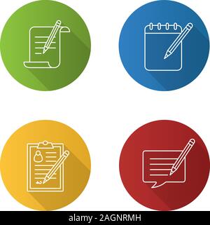 Writing with pencil flat linear long shadow icons set. Paper scroll, notepad, signed document, writing message. Vector outline illustration Stock Vector