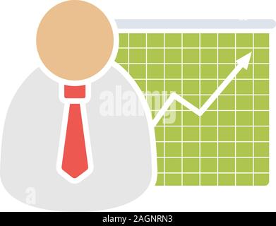 Business presentation with graph glyph color icon. Office worker with growth chart. Silhouette symbol on white background with no outline. Negative sp Stock Vector