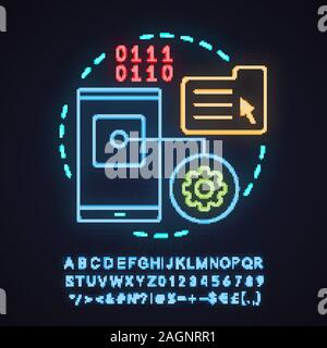 App development neon light concept icon. Digital technology idea. File manager. Smartphone settings. Glowing sign with alphabet, numbers and symbols. Stock Vector