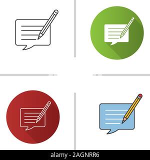 Writing message icon. Chatting. Message editing. Communication. Speech bubble with pencil. Flat design, linear and color styles. Isolated vector illus Stock Vector