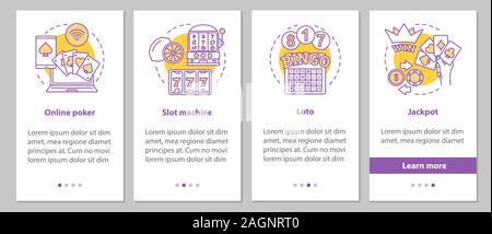 Gambling onboarding mobile app page screen with linear concepts. Casino. Online poker, lottery, slot machines, jackpot steps graphic instructions. UX, Stock Vector