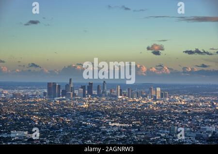 downtown Los Angeles viewed from the north just before sunset Stock Photo