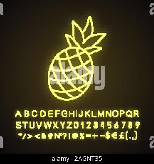 Pineapple neon light icon. Glowing sign with alphabet, numbers and symbols. Vector isolated illustration Stock Vector