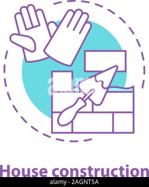 House construction concept icon. Building process idea thin line illustration. Brick wall with triangular shovel and gloves. Vector isolated outline d Stock Vector