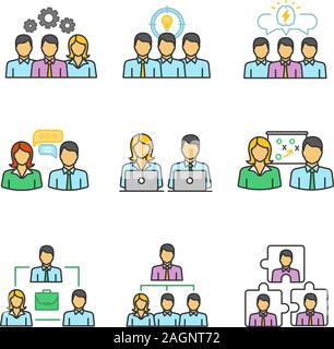 Teamwork color icons set. Partnership. Staff management. Personnel interaction. Collective problem solving. Isolated vector illustrations Stock Vector