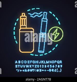 E-cigarettes neon light concept icon. Alternative smoking idea. Vape pen and box mod. Glowing sign with alphabet, numbers and symbols. Vector isolated Stock Vector