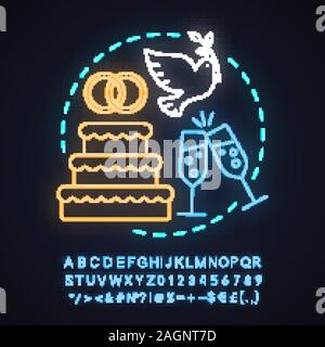 Wedding agency neon light concept icon. Engagement idea. Marriage celebration. Champagne, wedding cake, dove. Glowing sign with alphabet, numbers and Stock Vector