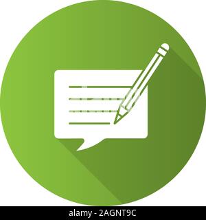 Writing message flat linear long shadow icon. Chatting. Message editing. Communication. Speech bubble with pencil. Vector outline symbol Stock Vector
