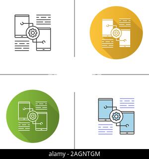 Smartphone settings icon. Phones with cogwheel. Flat design, linear and color styles. Isolated vector illustrations Stock Vector