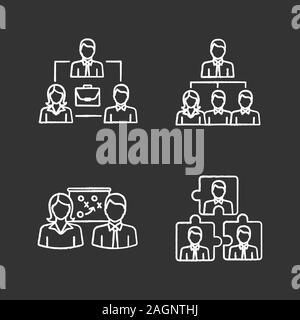 Teamwork chalk icons set. Partnership, professional hierarchy, business strategy, personnel interaction. Isolated vector chalkboard illustrations Stock Vector