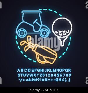 Golf club neon light concept icon. Outdoor activity idea. Golf ball on tee, stick, car. Glowing sign with alphabet, numbers and symbols. Vector isolat Stock Vector