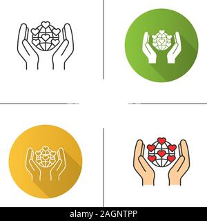 International charity icon. Flat design, linear and color styles. Hands holding planet with heart points. Earth saving. Global volunteering. Isolated Stock Vector