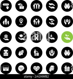 Charity glyph icons set. Donation. Fundraising, helping hands, volunteering, humanitarian aid. Vector white silhouettes illustrations in black circles Stock Vector