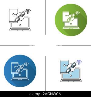 Link sharing icon. Wifi sharing. Smartphone and computer connection. Flat design, linear and color styles. Isolated vector illustrations Stock Vector