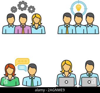 Teamwork color icons set. Collective solving problem, team brainstorming, coworking, job interview, generating idea. Isolated vector illustrations Stock Vector
