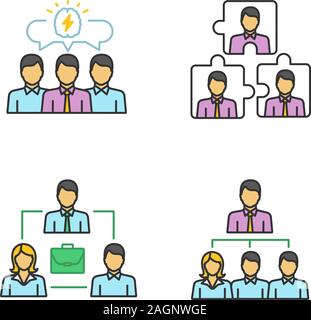 Teamwork color icons set. Partnership, professional hierarchy, business strategy, personnel interaction. Isolated vector illustrations Stock Vector