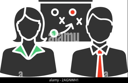 Business strategy scheme glyph icon. Silhouette symbol. Teamwork. Two colleagues solving problem. Negative space. Vector isolated illustration Stock Vector