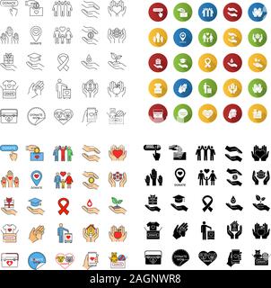 Charity icons set. Linear, flat design, color and glyph styles. Donation. Fundraising, helping hands, volunteering, humanitarian aid. Isolated vector Stock Vector
