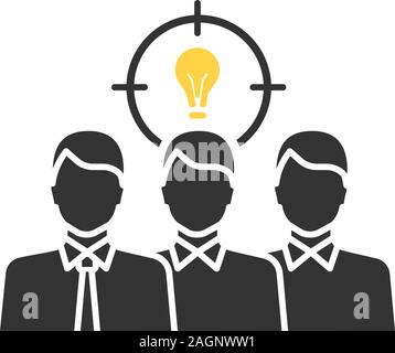 Teamwork glyph icon. Leadership. Team generating ideas. Problems solving. Staff, personnel. Silhouette symbol. Negative space. Group of people with li Stock Vector