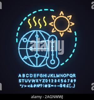 Global warming neon light concept icon. Natural hazard idea. Climate changing. Global problem. Glowing sign with alphabet, numbers and symbols. Vector Stock Vector