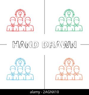 Teamwork hand drawn icons set. Leadership. Team generating ideas. Problems solving. Staff, personnel. Color brush stroke. Group of people with lightbu Stock Vector
