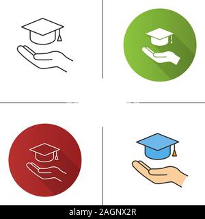 Accessible or free education icon. Flat design, linear and color styles. Open hand with graduation cap. Getting diploma. Isolated vector illustrations Stock Vector