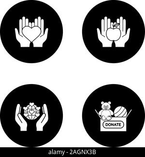 Charity glyph icons set. Food and toys donation, international charity, hands holding heart. Vector white silhouettes illustrations in black circles Stock Vector